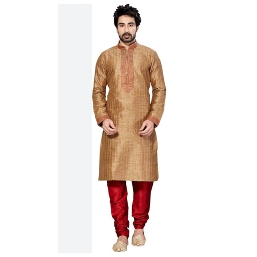NWT Modfit Ethnic Mens Size 38 Gold Art Kurta Pajama Indian Traditional‎ Set